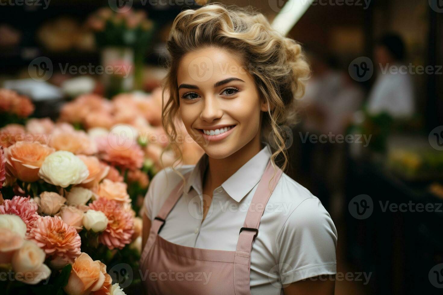 Portrait of a happy woman standing in her flower shop. Cheerful young saleswoman is waiting for customers of the flower shop. generative ai. photo