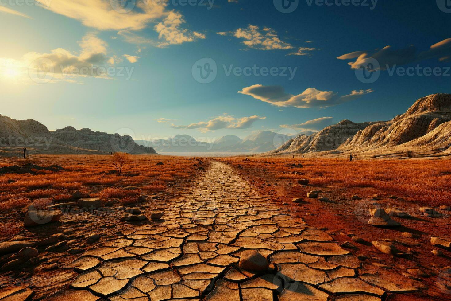 Drought land against sunset background pattern nature. Generative AI. photo