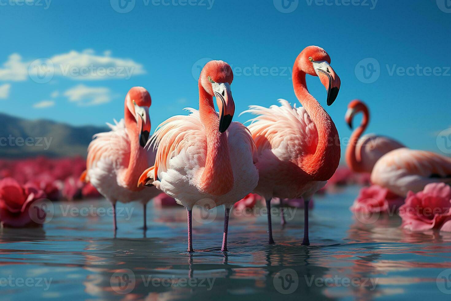 Close up of beautiful African flamingos that are standing in still water with reflection. Generative AI. photo
