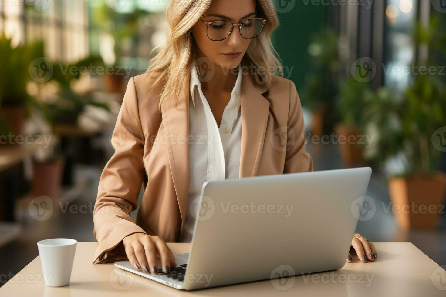 Close up of business woman hands typing on laptop computer, searching and surfing the internet on office desk, online working, telecommuting, freelancer at work concept. generative ai. photo