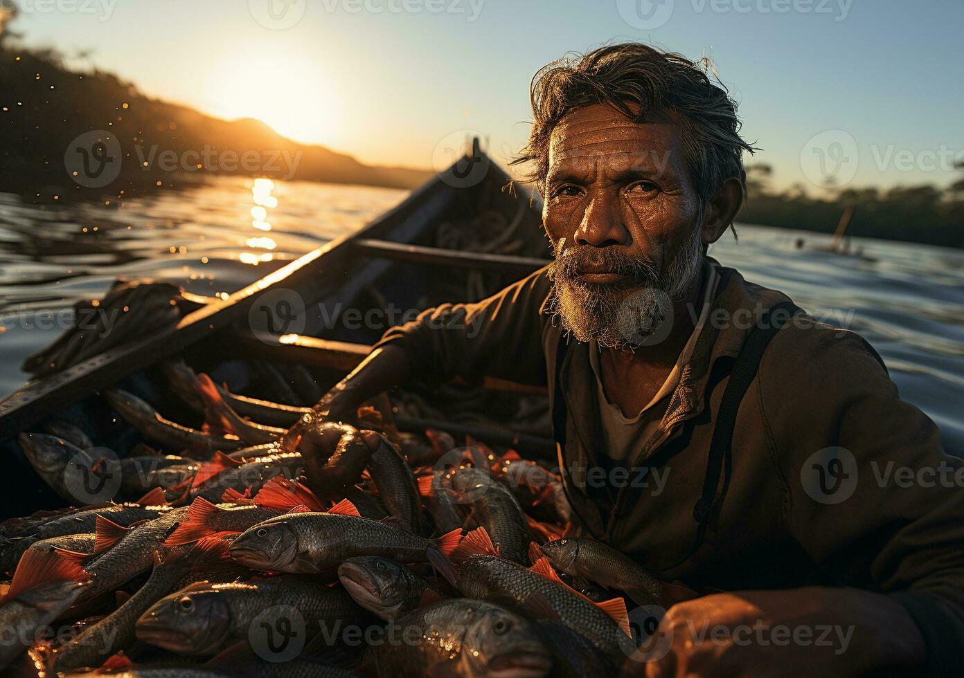 Fishermen catch fish, Fishermen show ancient way of fishing nets. generaive ai photo