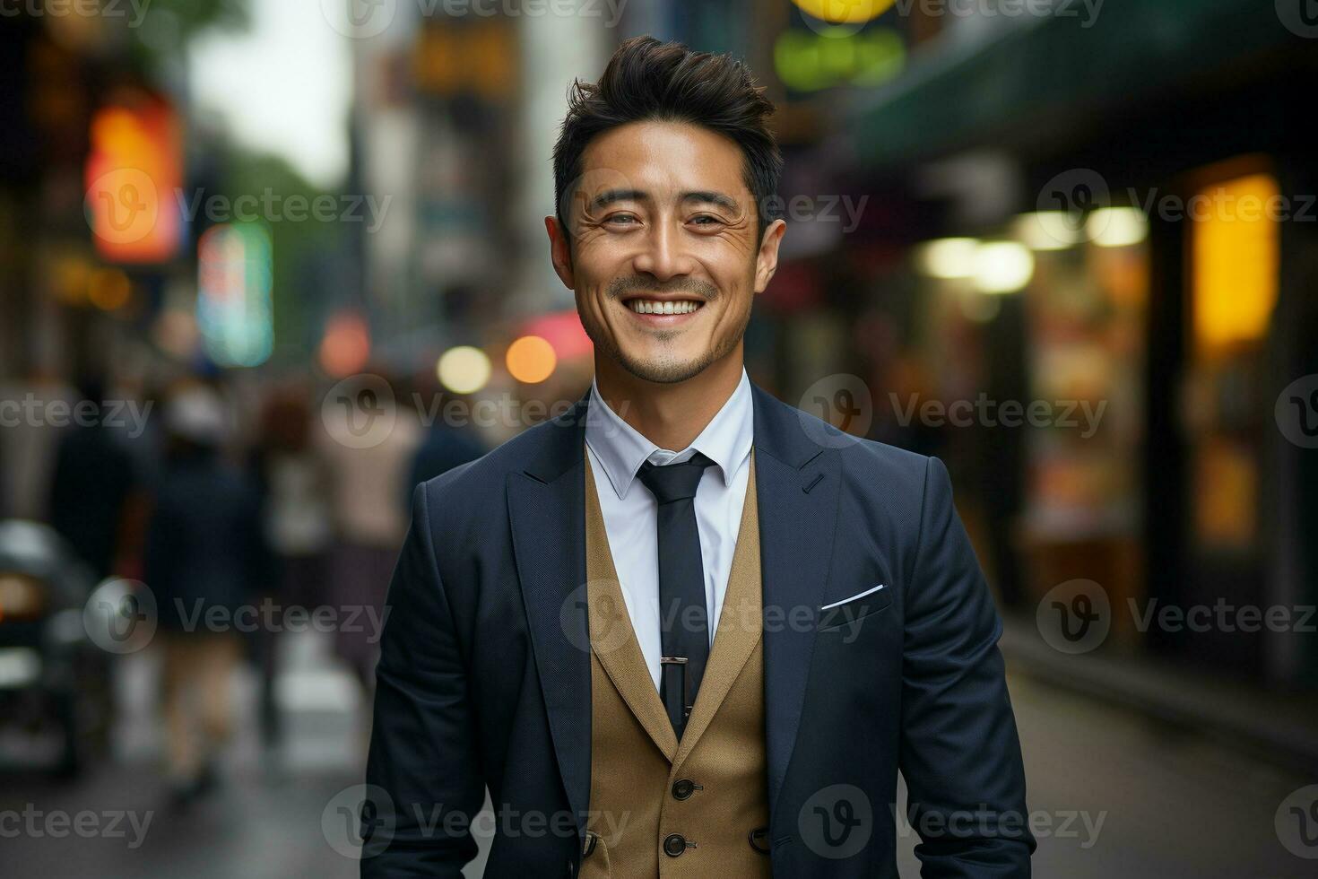 portrait of a handsome smiling young asian chinese businessman boss in a suit walking on a city street to his company office. Generative ai. photo