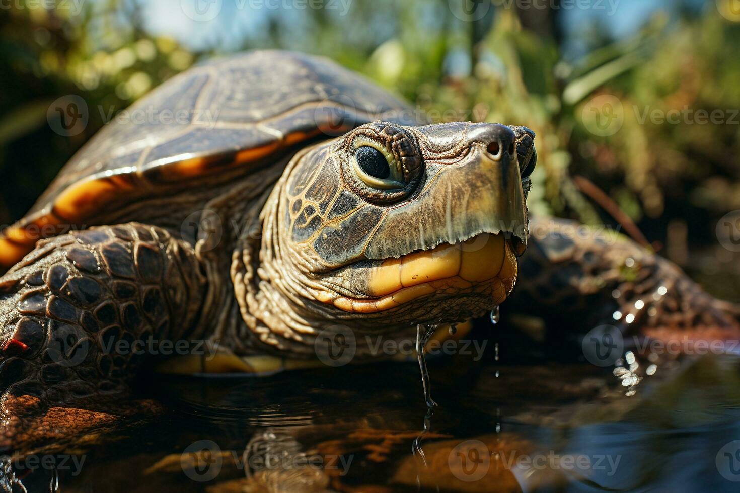 Turtle poke sit shed out of the water pond daylight. Generative AI. photo