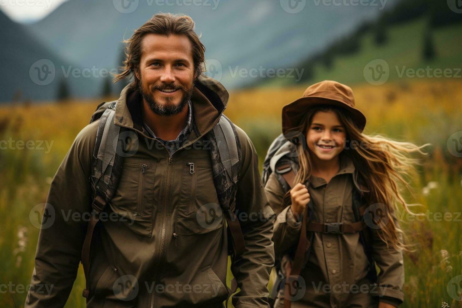 a candid photo of a family and friends hiking together in the mountains in the vacation trip week. sweaty walking in the beautiful american nature. fields and hills with grass. generative ai.