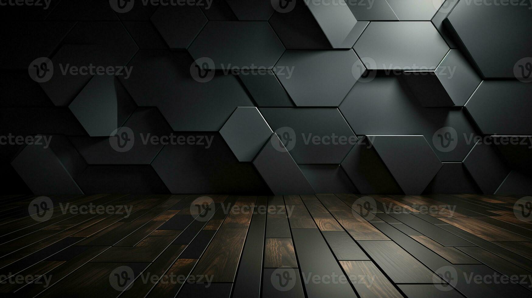 A dark background with a minimalist linear hexagonal design. Generative AI. photo