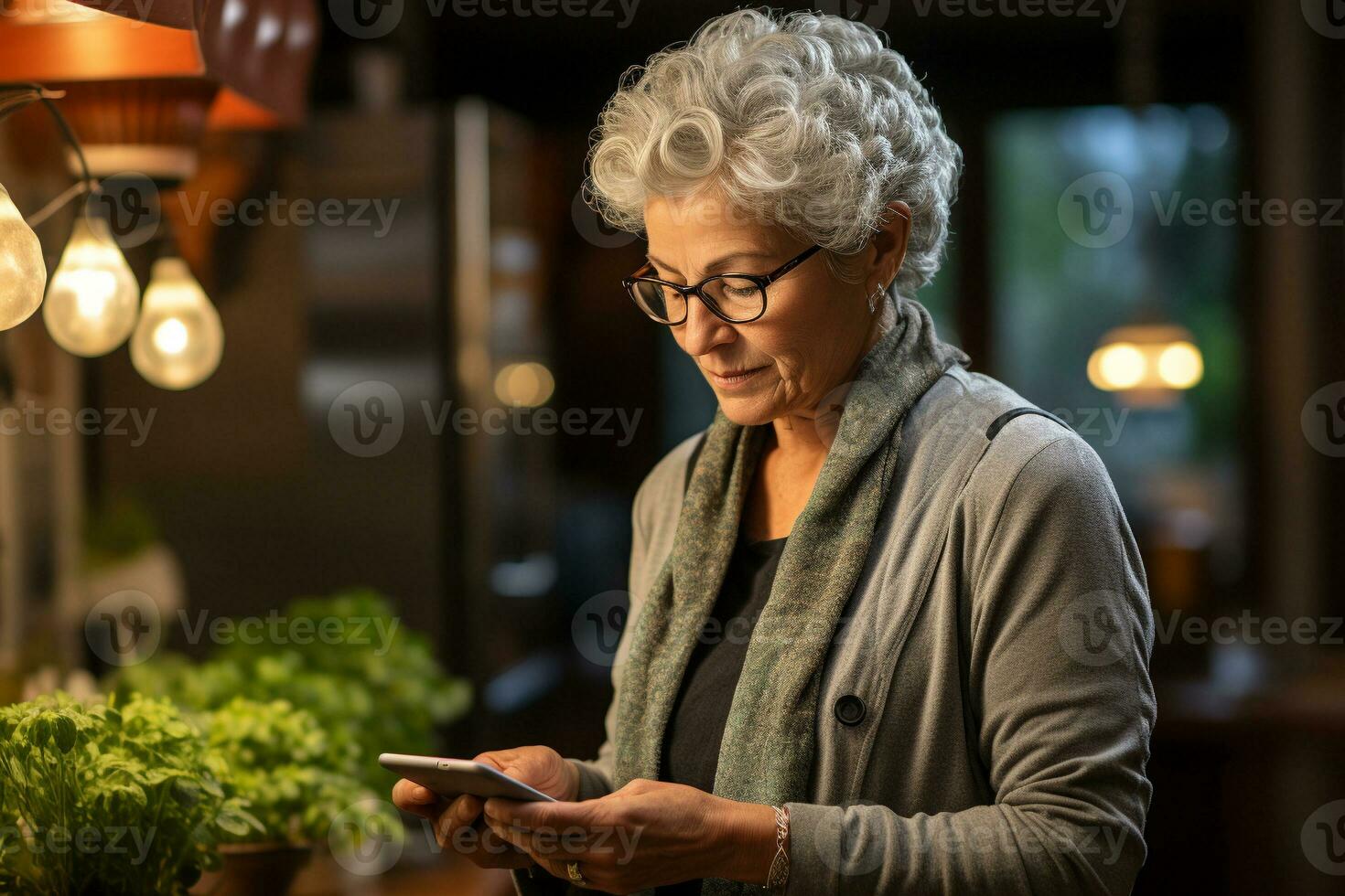 communication and people concept senior woman with smartphone at home. generative ai. photo