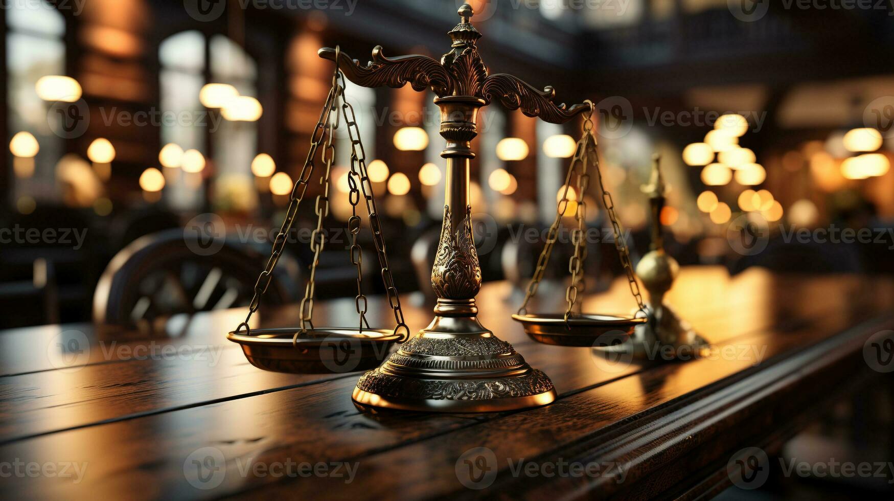 Justice symbols on the table. Law office concept. generative ai. photo