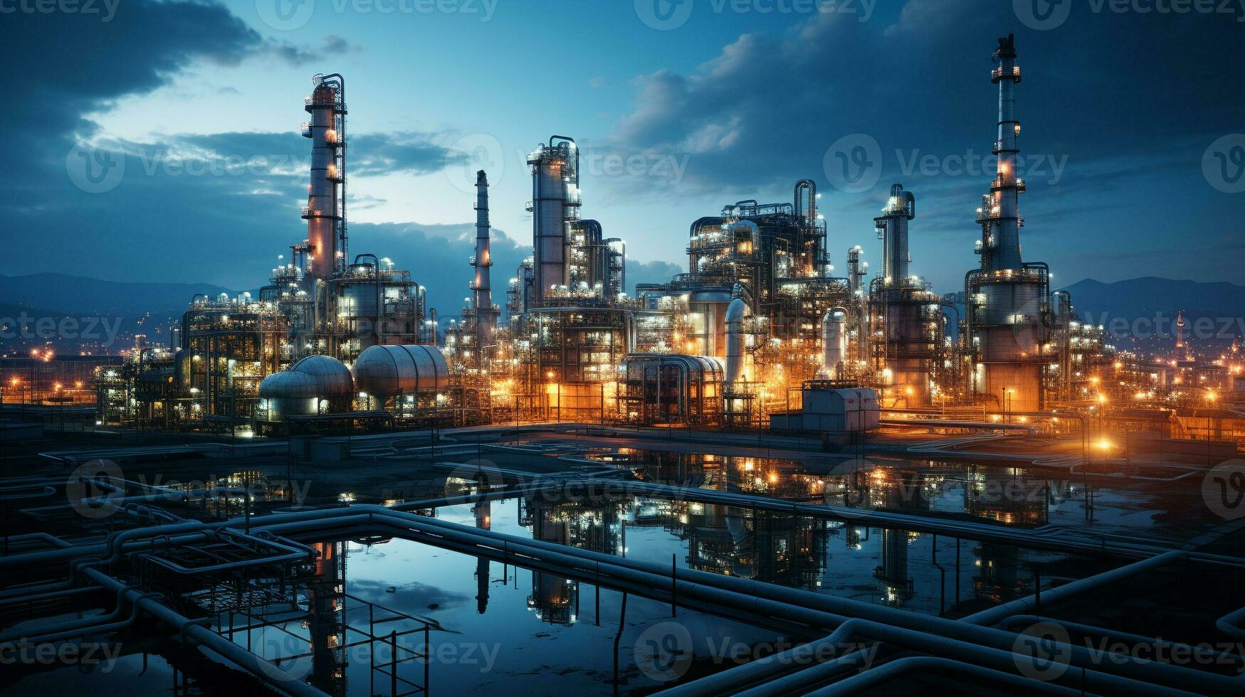 A modern petrochemical plant with intricate piping systems. Generative ai. photo