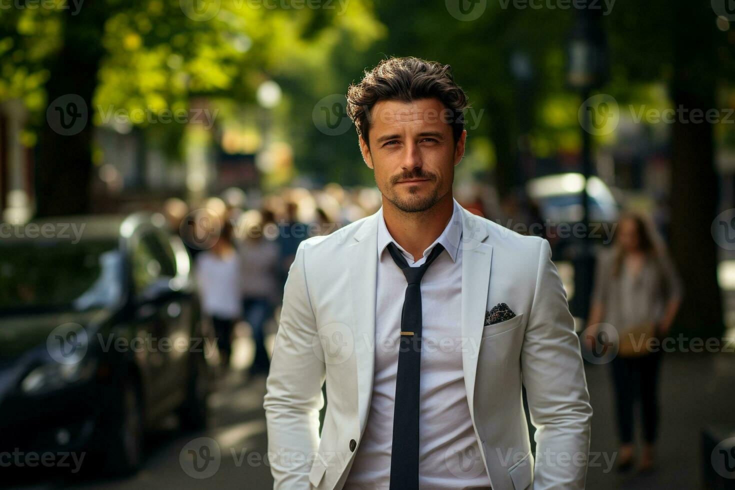 portrait of a handsome smiling white young american businessman boss in a white suit walking on a city street to his company office. Generative ai. photo