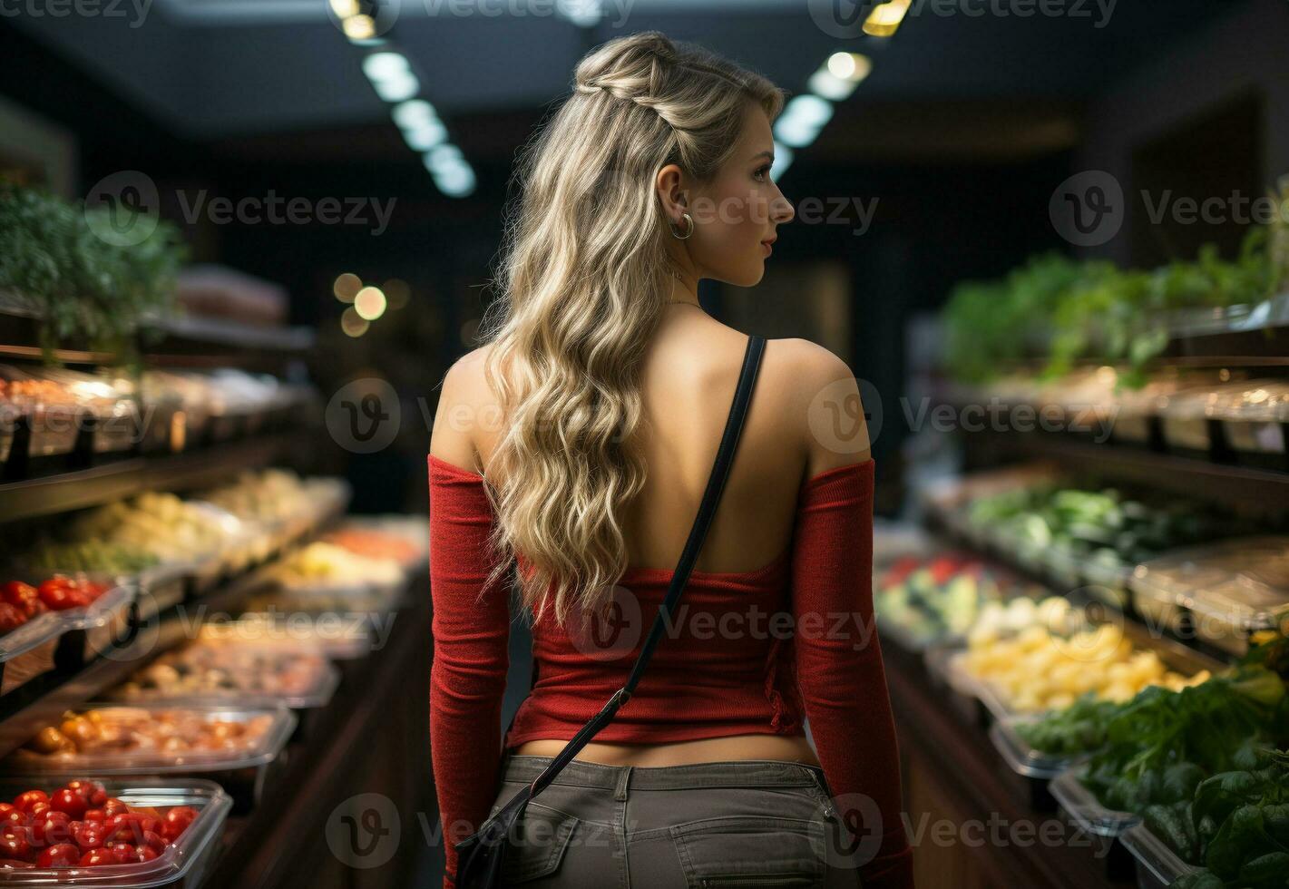 a photo of a beautiful young american woman shopping in supermarket and buying groceries and food products in the store. generative ai.