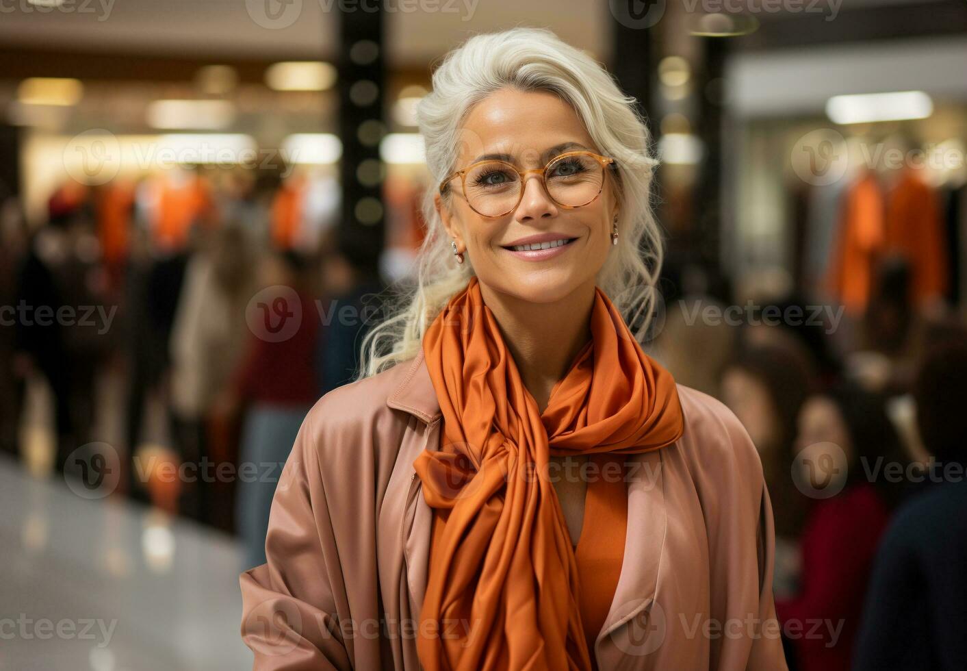 Happy mature woman in an elegant clothes coat in the mall. generative ai. photo