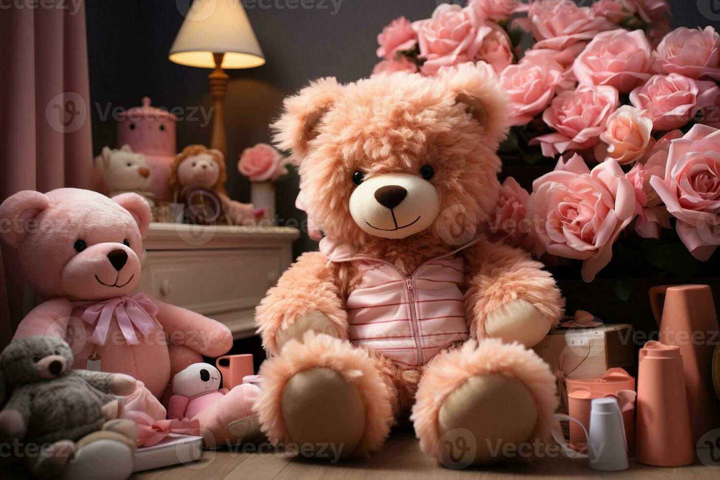 interior of kid room. Big soft toy bear on bed. generative ai photo