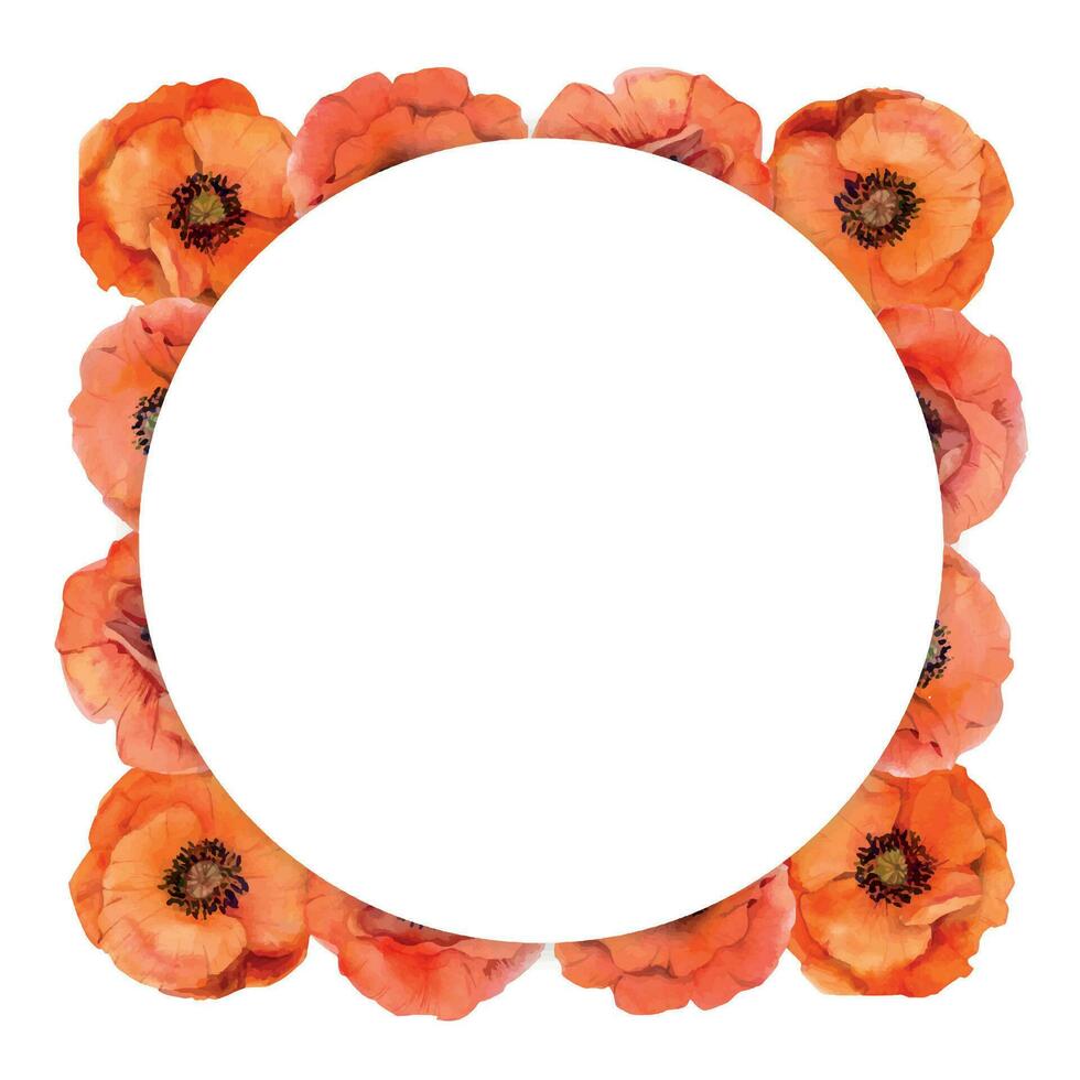 Watercolor wreath circle frame composition with hand drawn summer bright red poppy flowers. Isolated on white background. Design for invitations, wedding, love or greeting cards, paper, print, textile vector