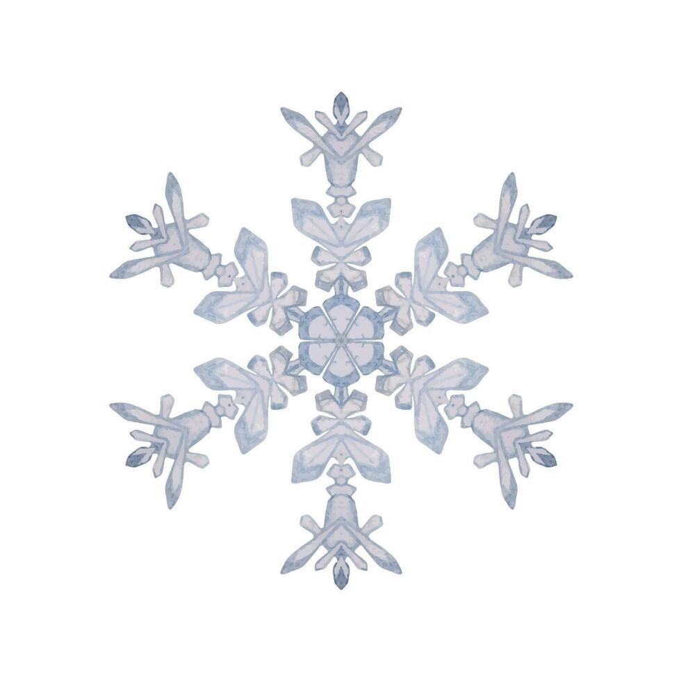 Hand drawn watercolor blue and silver snowflakes, water ice crystal frozen in winter. Illustration, single object isolated on white background. Design for holiday poster, print, website, card, booklet vector