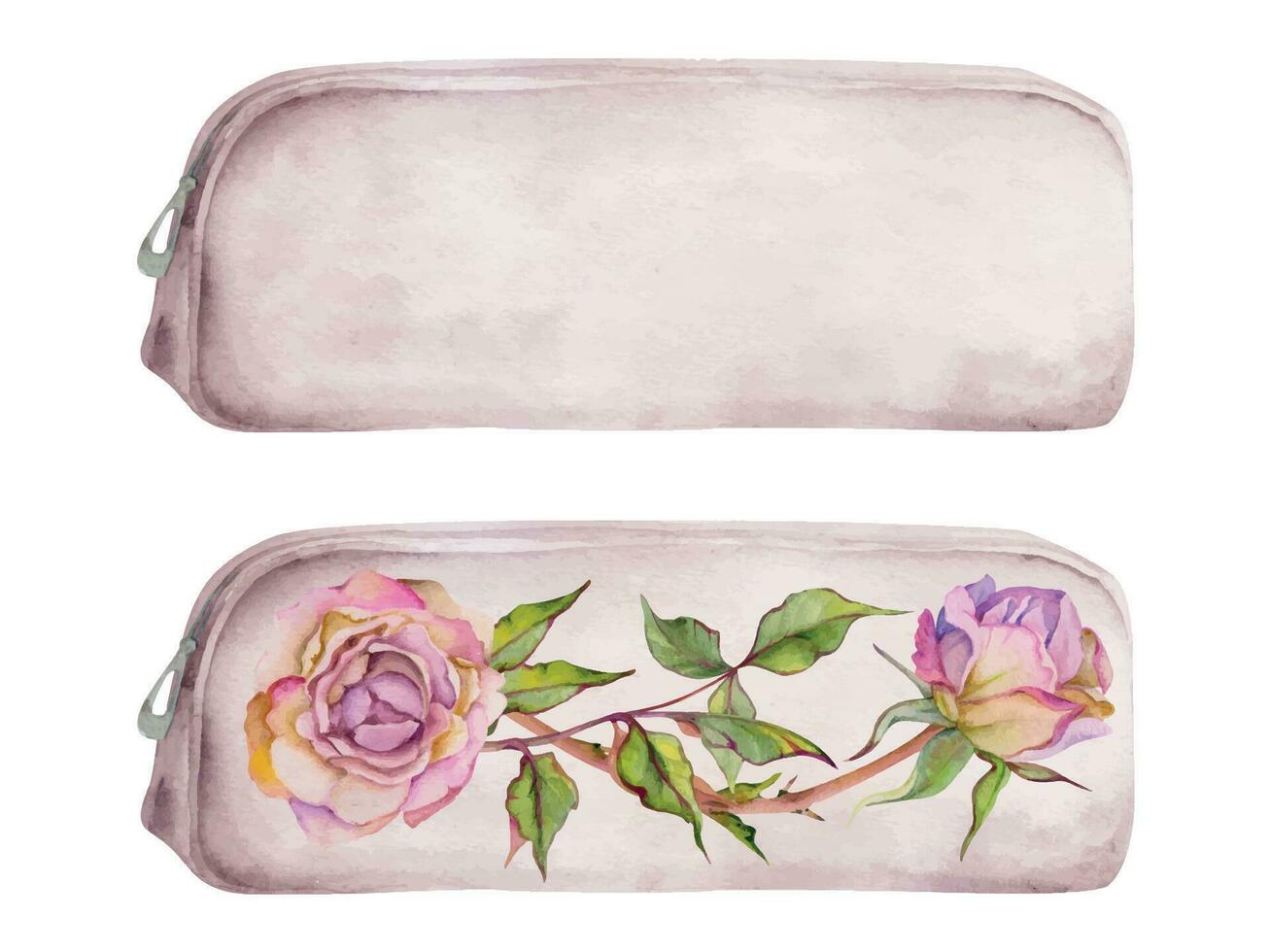 acuarela mano dibujado ilustración, suave lápiz caso, maquillaje bolso con rosado Rosa flor y hojas diseño. soltero objeto aislado en blanco. para escuela, jardín de infancia, fiesta, tarjetas, sitio web, tienda vector