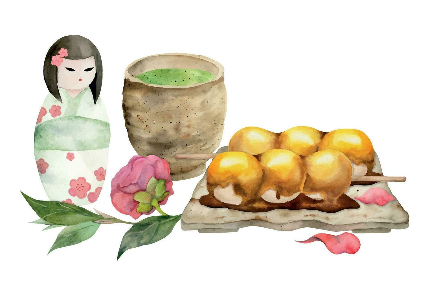 Watercolor hand drawn traditional Japanese sweets. Ceramic dish, mitarashi dango, camellia flower. Isolated on white background. Design for invitations, restaurant menu, greeting cards, print, textile vector