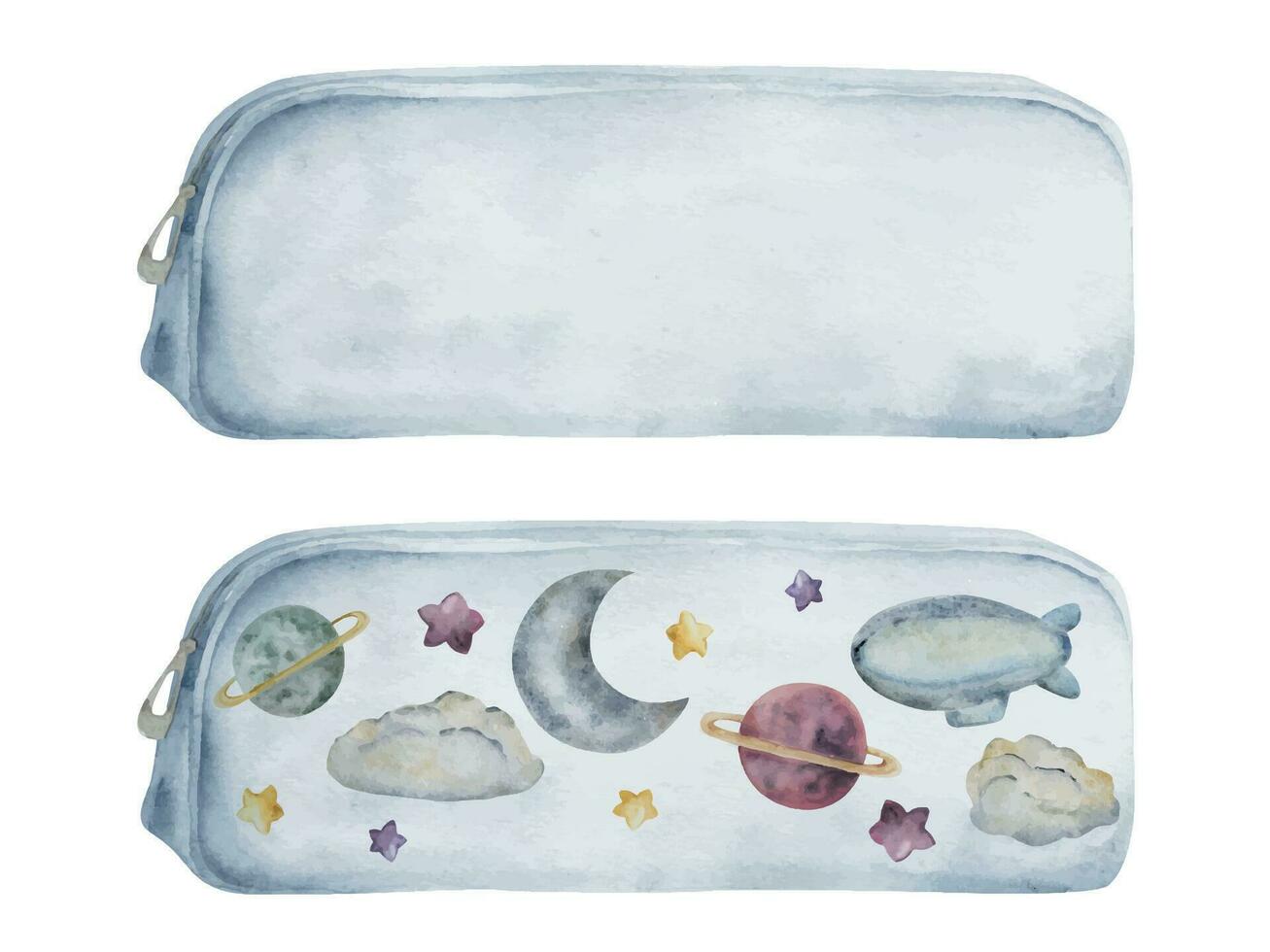 Watercolor hand drawn illustration, kids children painting materials supplies, soft pencil case with space design. Single object isolated on white. For school, kindergarten, party cards, website, shop vector