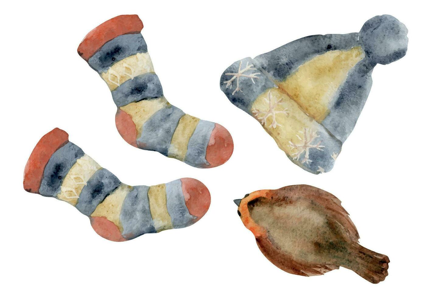 Hand drawn watercolor illustration. Knitted handmade beige blue red woolen hat with pompom and striped socks, robin bird. Composition isolated on white background. For shop, logo, print, paper, card vector