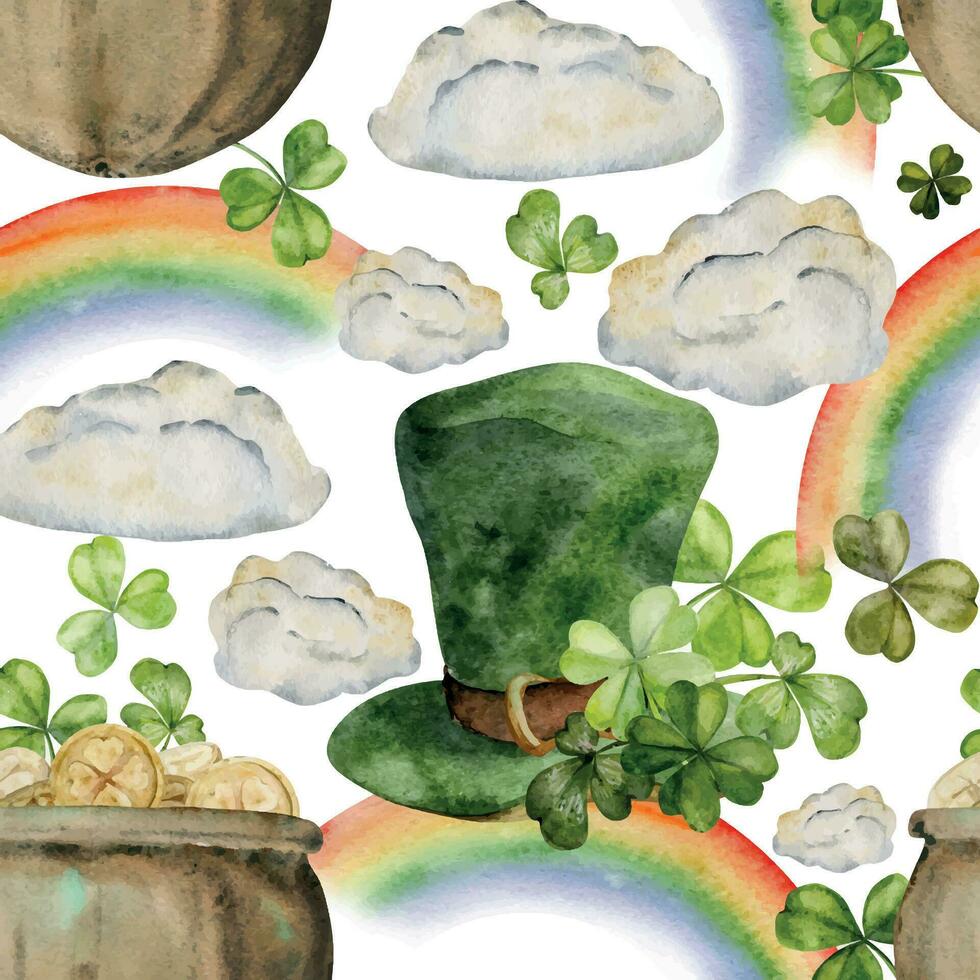 acuarela mano dibujado ilustración, Santo Patricio día festivo. duende maceta, verde sombrero, suerte trébol, arco iris nubes sin costura modelo aislado en blanco antecedentes. invitaciones, imprimir, sitio web, tarjetas vector