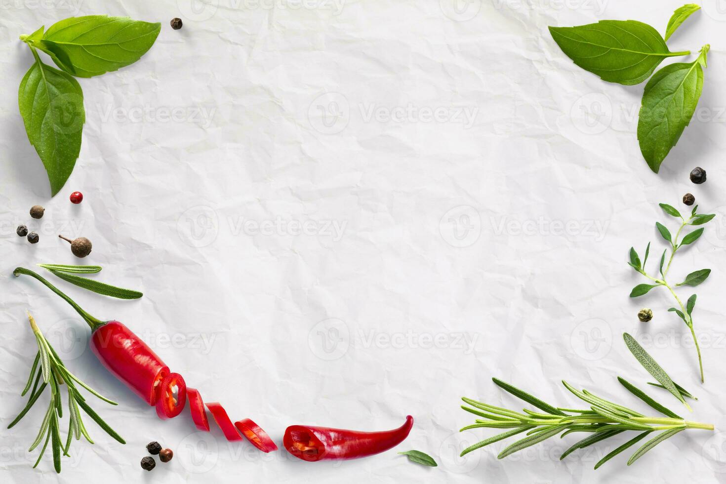 Art culinary frame  border Food banner design element. red hot chili pepper, Spices and herbs on white culinary paper background. Variety of spices and mediterranean herbs. photo