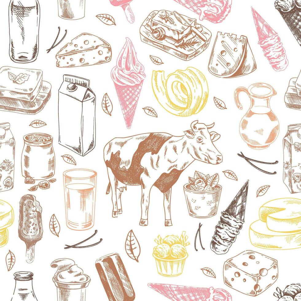 Seamless pattern of hand drawn dairy produce. Eco food. Vector illustrations in sketch style. Engraving style.