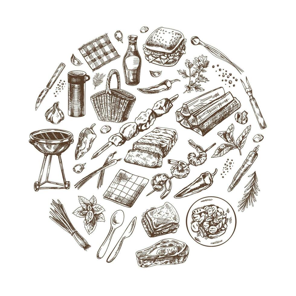 Clásico conjunto de mano dibujado monocromo parilla y picnic iconos elementos en círculo. para el diseño de el menú de restaurantes y cafés, A la parrilla alimento. vector ilustraciones en bosquejo estilo.