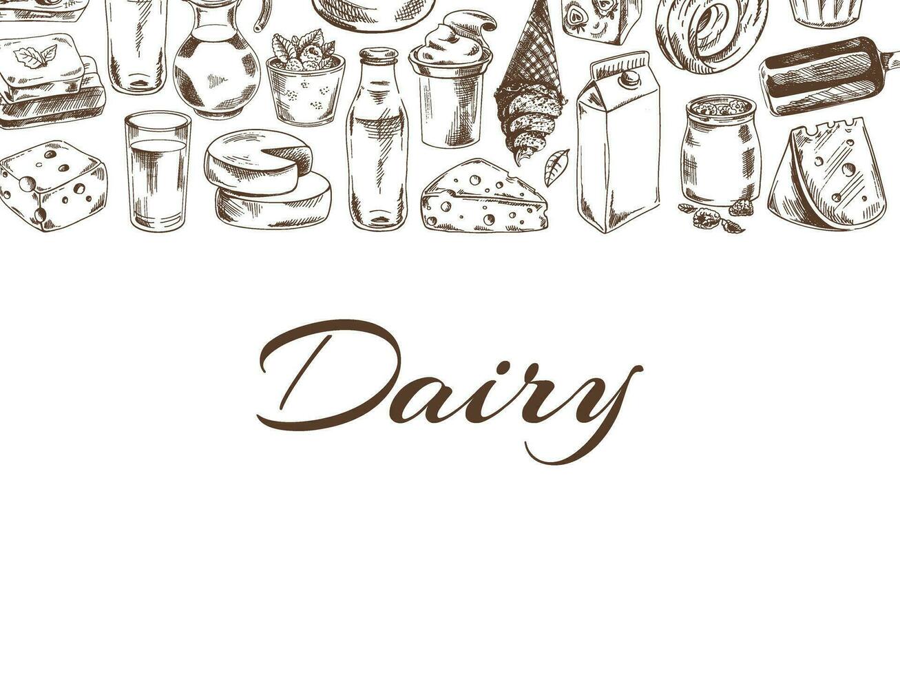 Vintage monochrome dairy produce template, hand-drawn. Eco food. Sketch illustration. Engraved image. Template with an empty space. vector