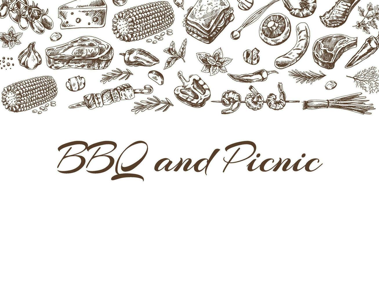 Vintage monochrome barbecue and picnic template, hand-drawn.  For the design of the menu of restaurants and cafes, grilled food. Engraved image. A template with an empty space. vector