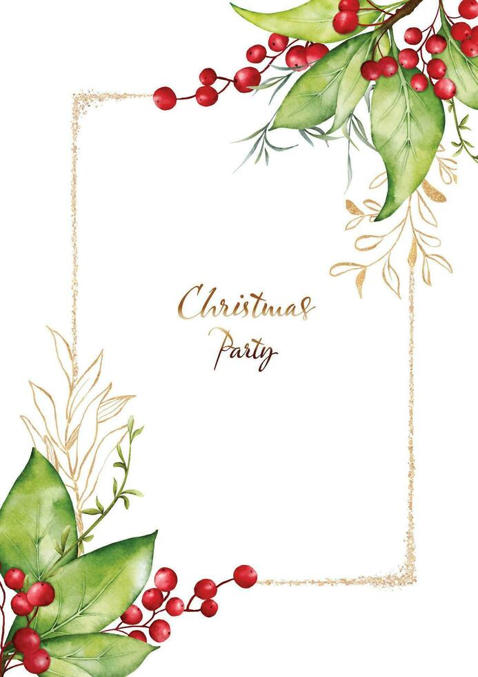 Christmas card watercolor berries bouquet and golden leaves vector