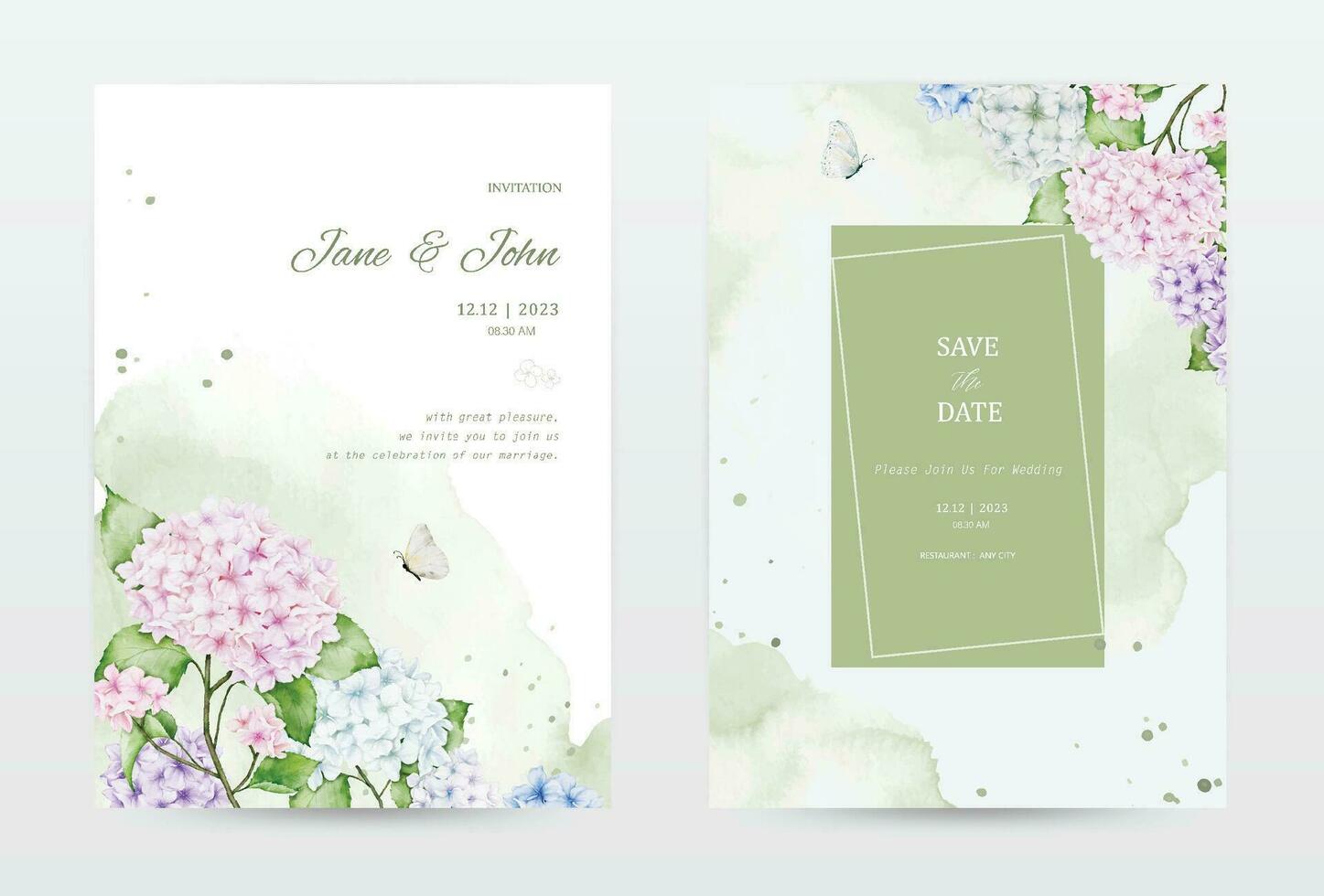 Set of watercolor invitation cards with colorful hydrangea flowers vector