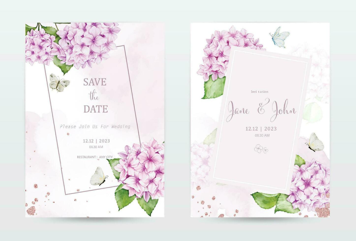 Set of pastel watercolor invitation cards with pink hydrangea flowers vector