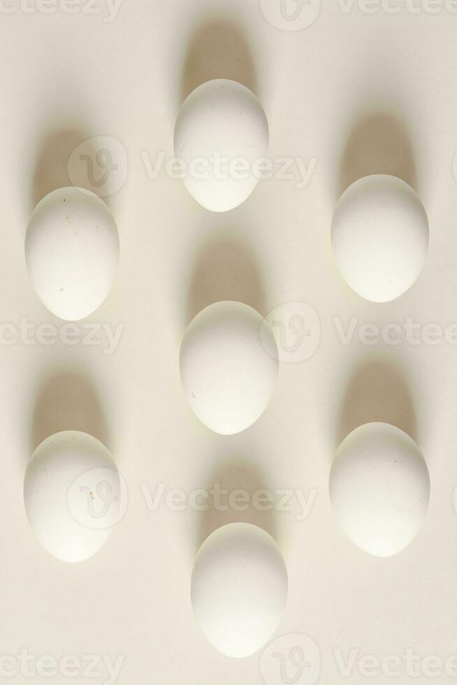 White eggs on a light background. Top view. Flat lay. photo