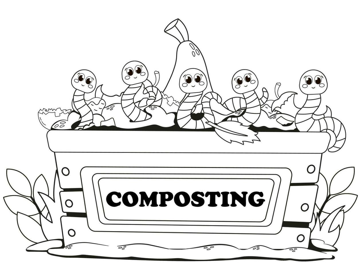 Cute printable coloring page for kids with cartoon worm characters having fun in box for organic garbage vector