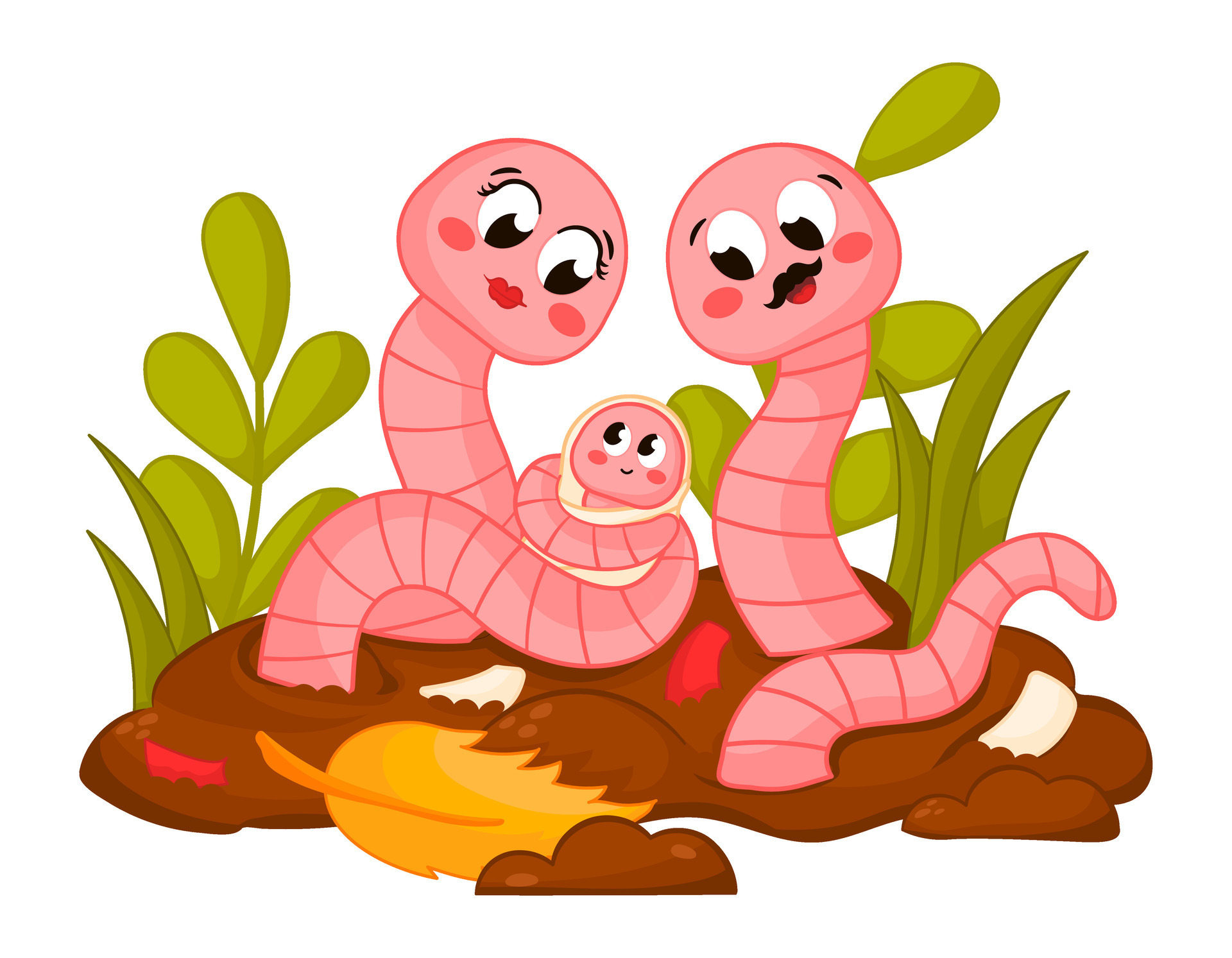 Cute cartoon earthworm family characters holding newborn and