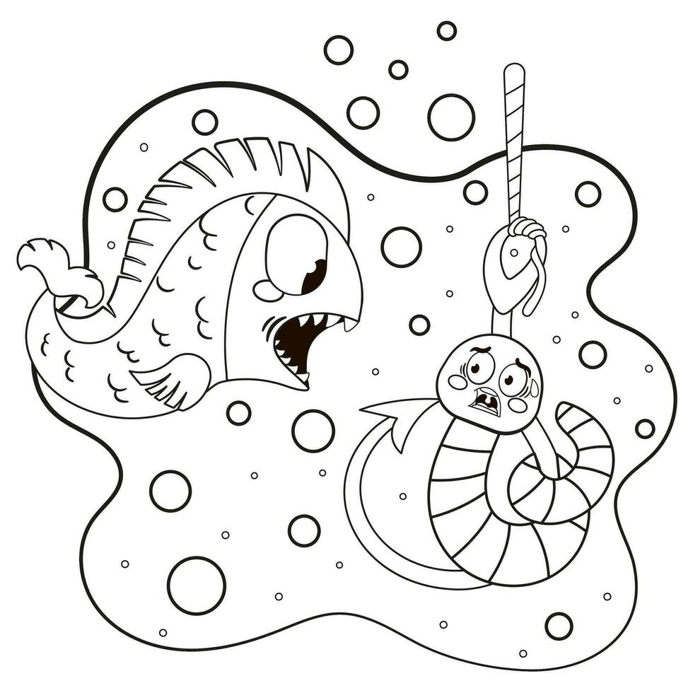 Cute printable coloring page for kids with cartoon scared earthworm character sitting on a fishing hook and fish trying to eat vector