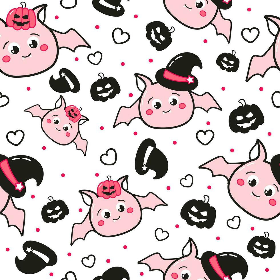 Cute halloween seamless pattern for kids with kawaii bat characters with pumpkins and witch hats on white background vector