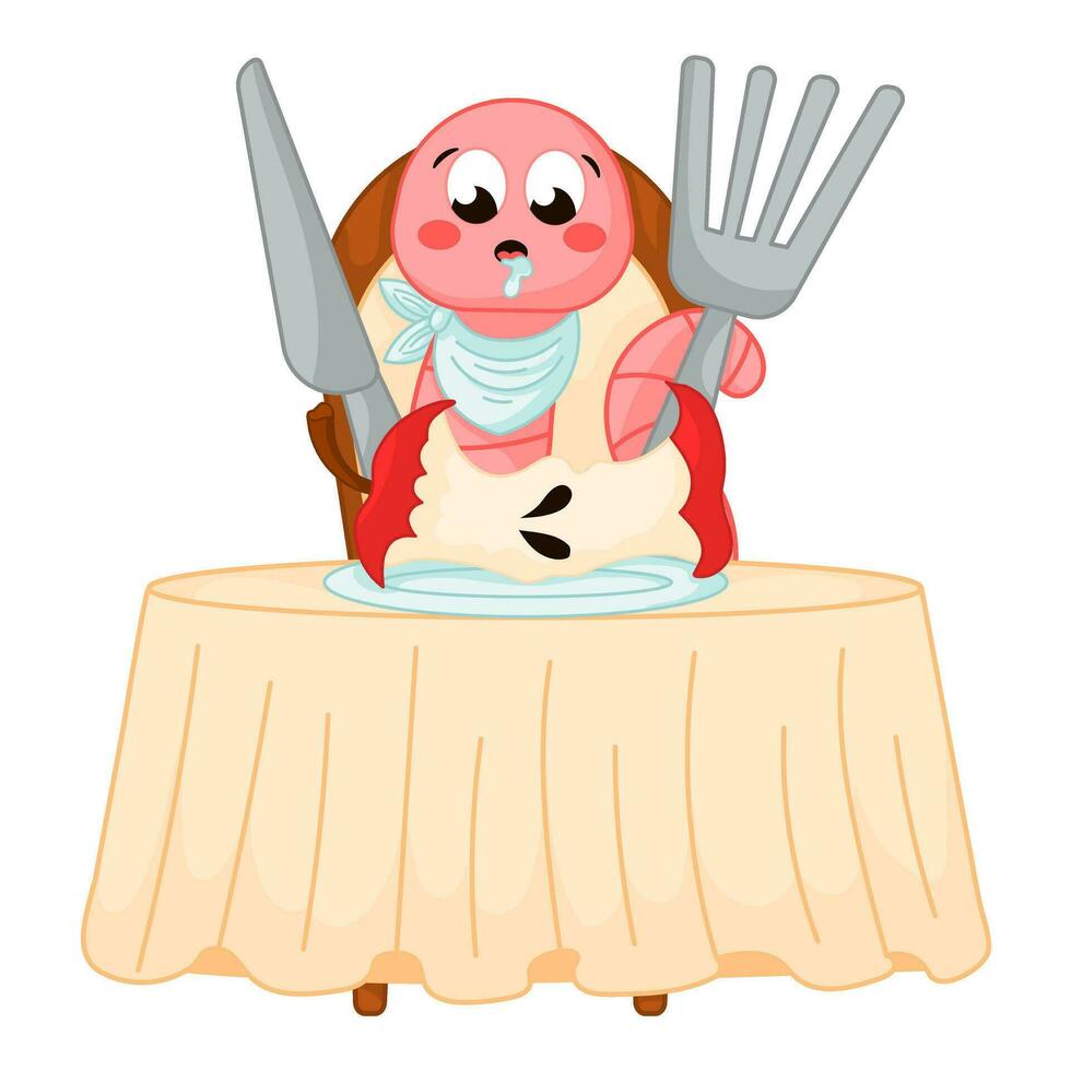 linda dibujos animados lombriz personaje sentado detrás el mesa y comiendo manzana con tenedor y cuchillo, insecto teniendo un cena, vector