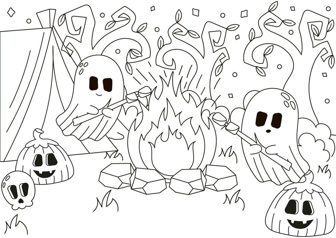 Halloween cozy outdoor activity, ghosts characters sitting around fire, camping coloring page for kids vector