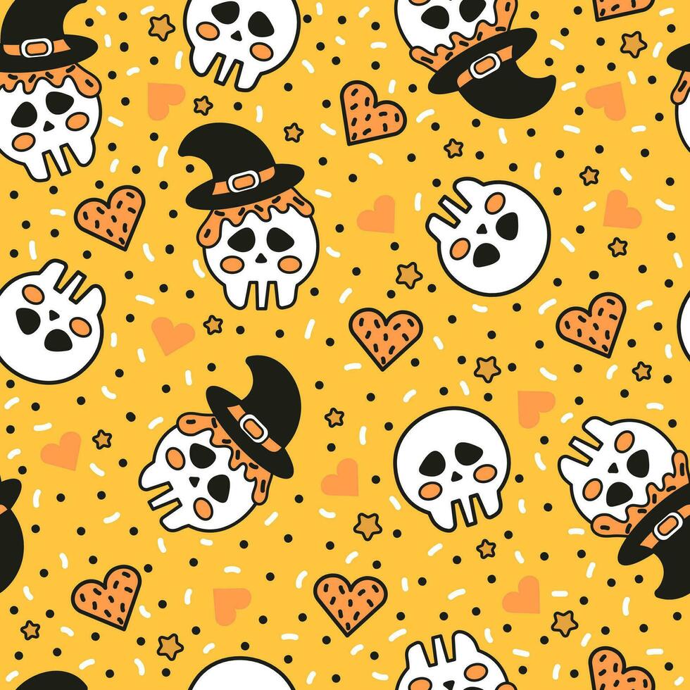 Cute halloween seamless pattern for kids with skulls wearing witch hat and sweets vector