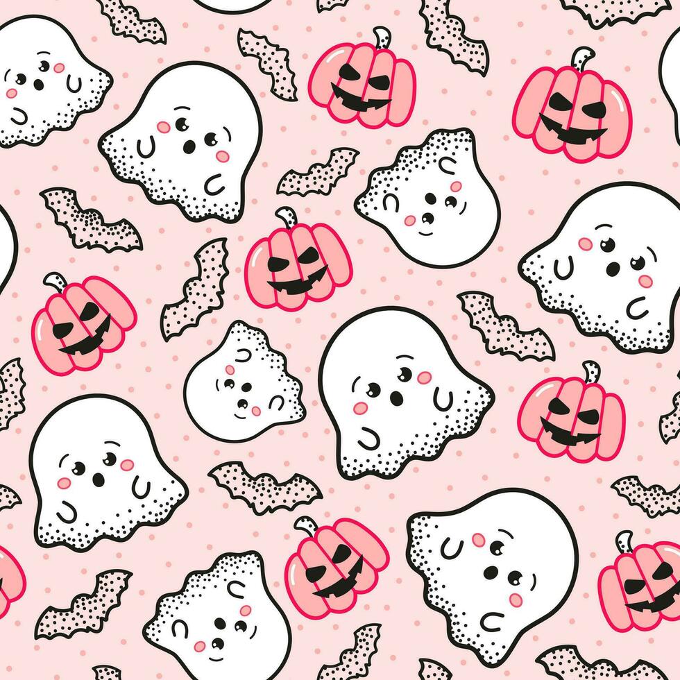 Cute halloween seamless pattern for kids with kawaii ghosts and pumpkin, bats on pink background vector