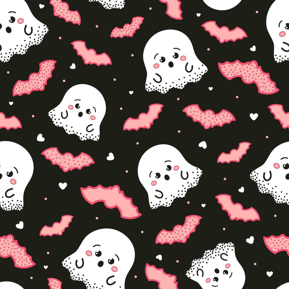 Cute halloween seamless pattern for kids with kawaii ghosts and bats on dark black background vector