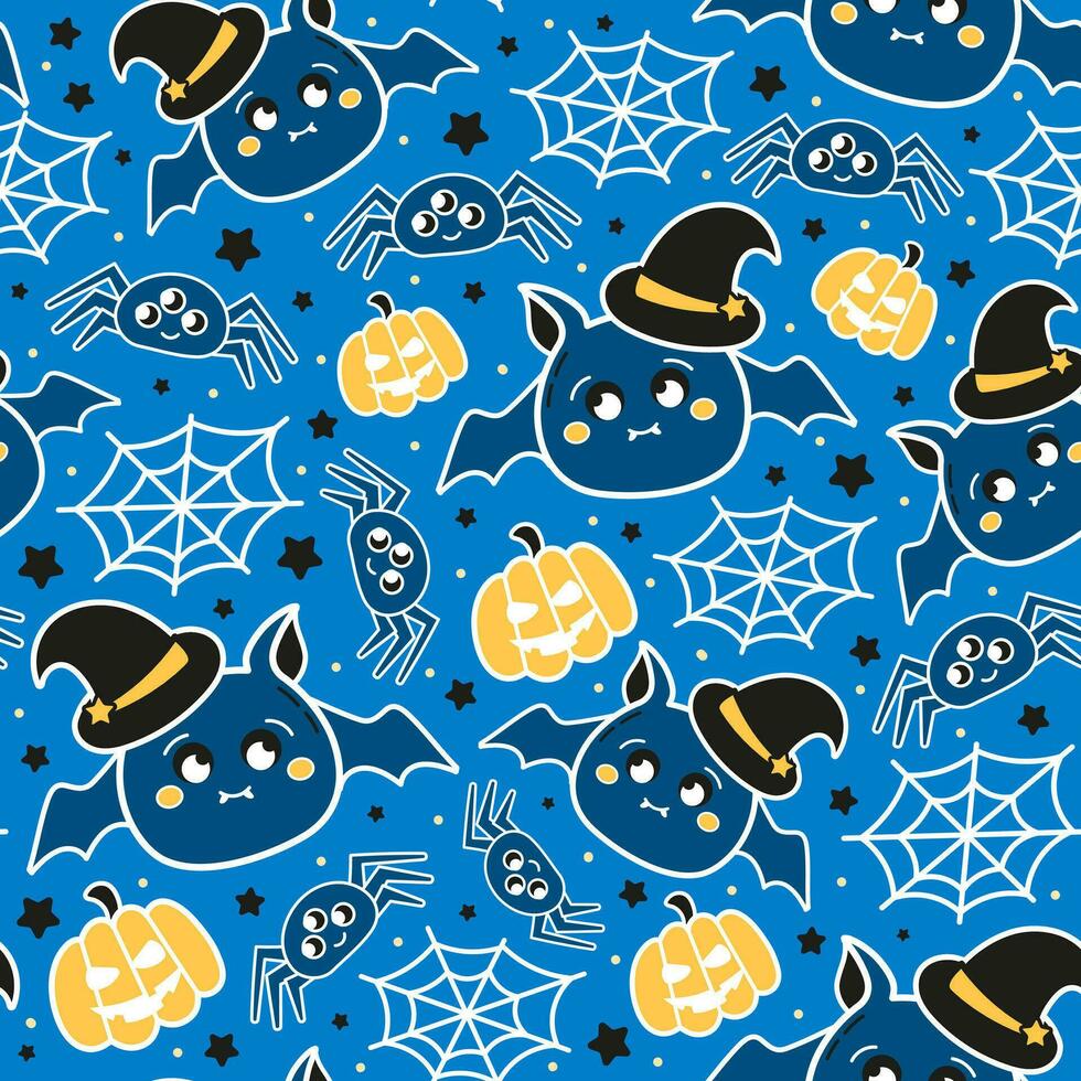 Cute halloween seamless pattern for kids with kawaii spider and pumpkin characters, bats in witch hats on dark blue background vector