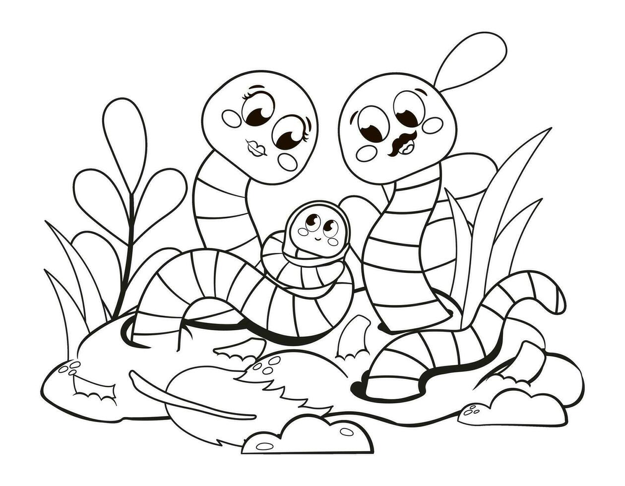 Cute printable coloring page for kids with cartoon earthworm family characters holding newborn and sitting on the ground vector