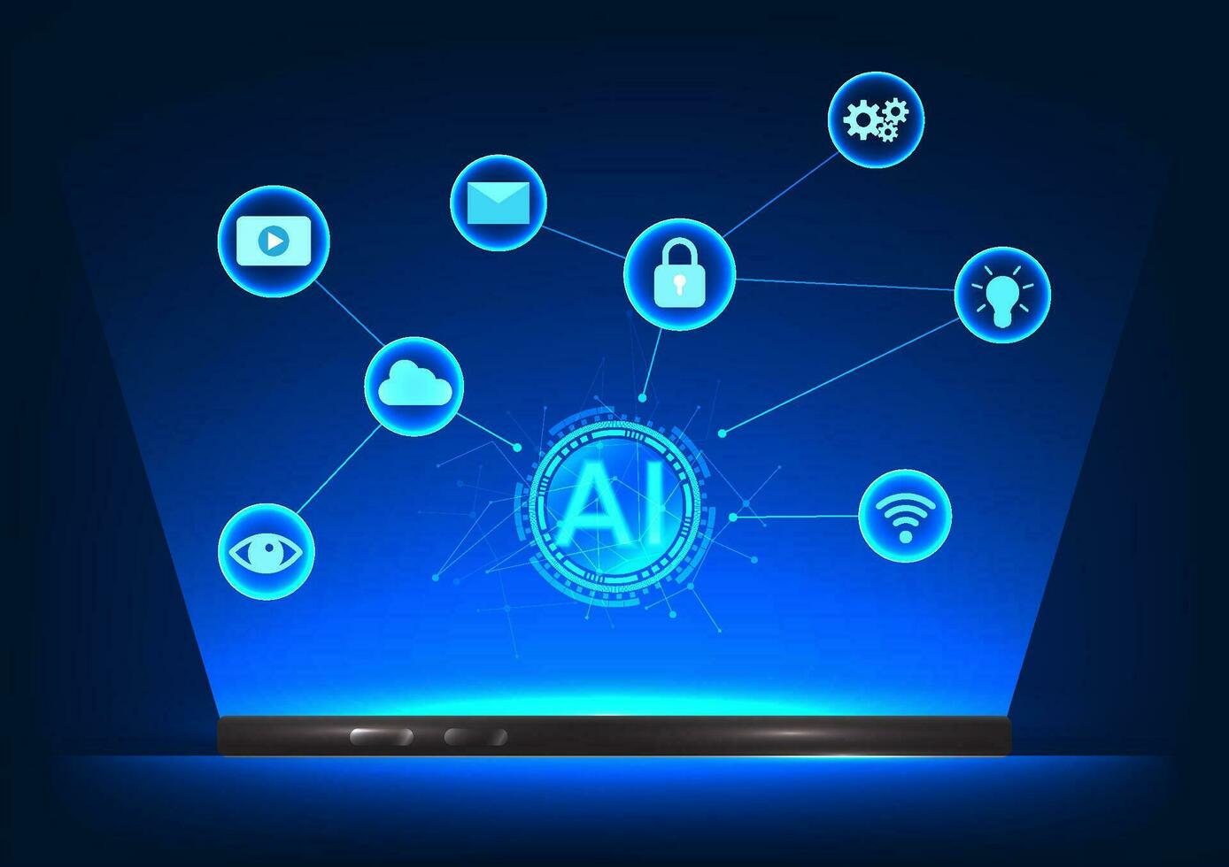 Smartphone technology Mobile phone above is artificial intelligence connected technology icon. Referring to a phone that AI uses to gently command and learn commands to help the user. vector