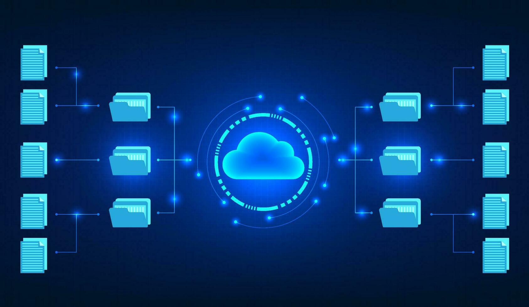 Cloud technology inside the technology circle along with the circle connected to the document file. It means transferring data files into the cloud system for data storage. There is a security system. vector