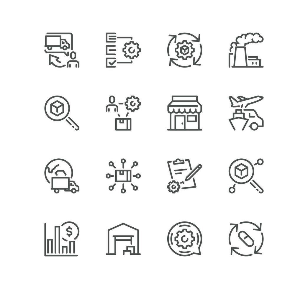 Set of value and supply chain related icons, product development, logistics, production, customer, innovation, material suppliers and linear variety vectors. vector