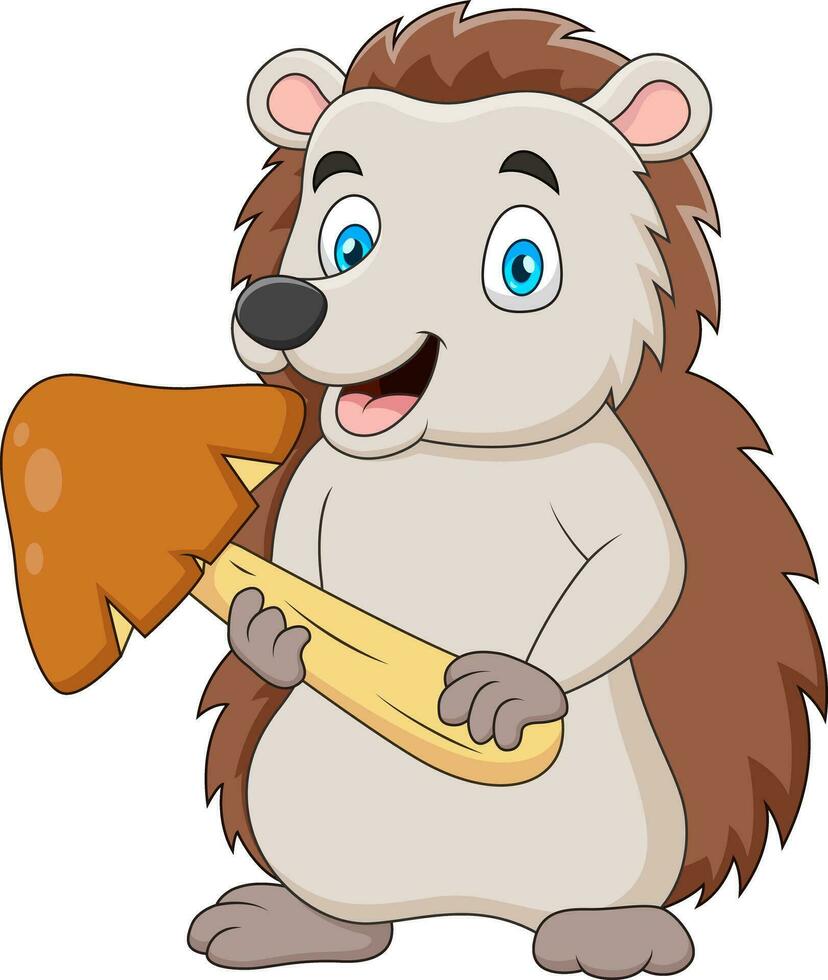 Cartoon cute hedgehog mascot holding a mushroom. Vector illustration