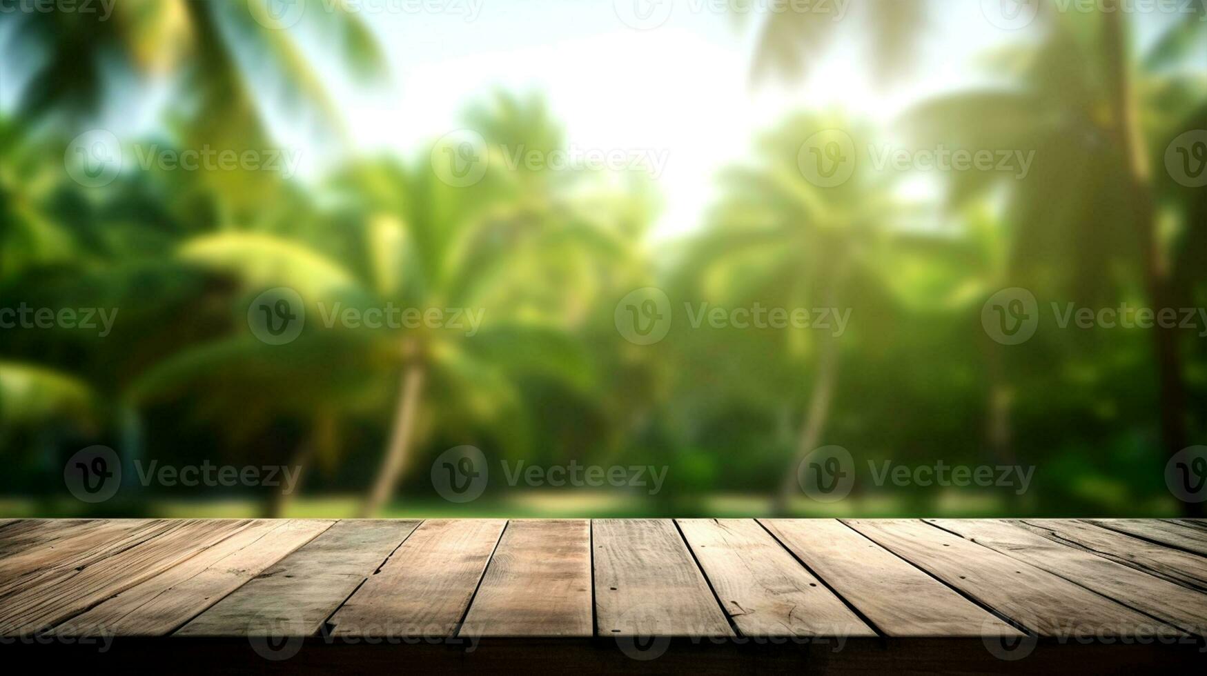 empty wooden table top with forest and vegetation view for product presentation and mokeup ai generative photo