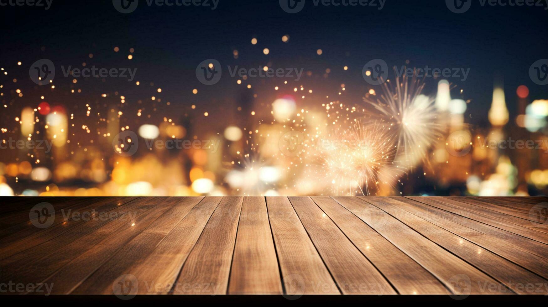 empty table top with city view and fireworks at night for product photography and presentation ai generative photo