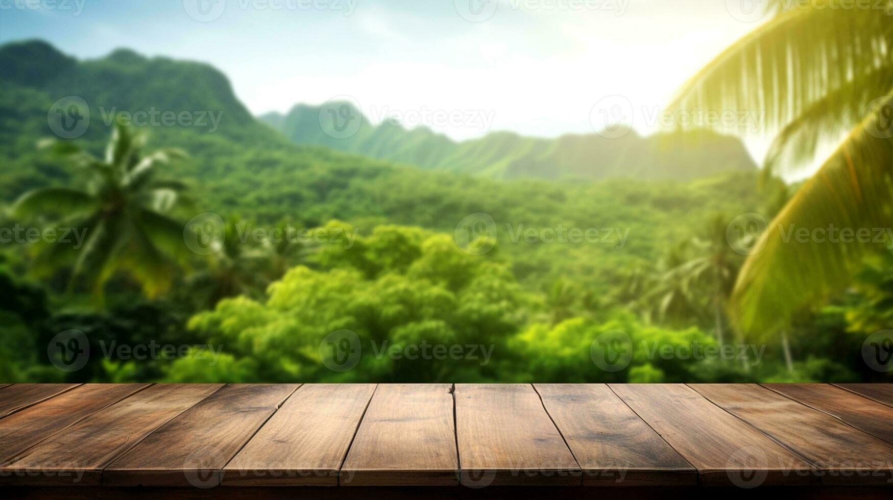 empty wooden table top with forest and vegetation view for product presentation and mokeup ai generative photo